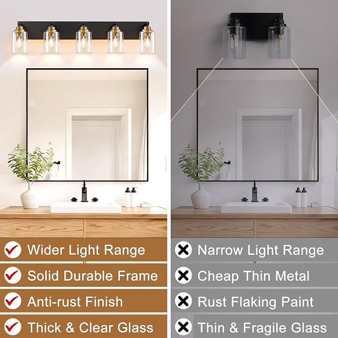 5-Light Black and Gold Bathroom Vanity Light, Clear Glass Shade | 35.4" Wall Mount Over Mirror Lighting Fixtures, Brushed Gold Finish, Durable Metal, Modern Farmhouse Style, for Bathroom