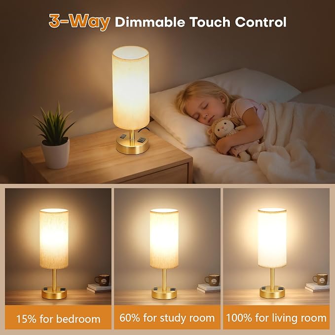 MOICO Bedside Table Lamp for Bedroom, 3-Way Dimmable Nightstand Lamp with USB C, USB A Ports & AC Outlet, Small Table Lamp Fabric Shade for Living Room Dorm Office, LED Bulb Included (14in Gold)