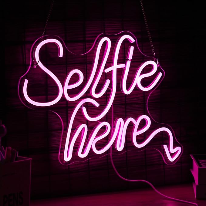 Selfie Here Neon Sign Dimmable Pink Words Light Up Sign for Wall Decor Selfie Led Neon Light for Selfie Station Photo Studio Bedroom