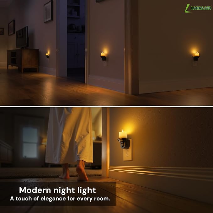 L LOHAS LED Flameless Candle Night Light, Flicker Night Lights Plug in | 2 Pack, Amber Candle Nightlight with Light Sensor, 0-100LM Dimmable LED Flickering Nightlights for Kids Hallway Bathroom