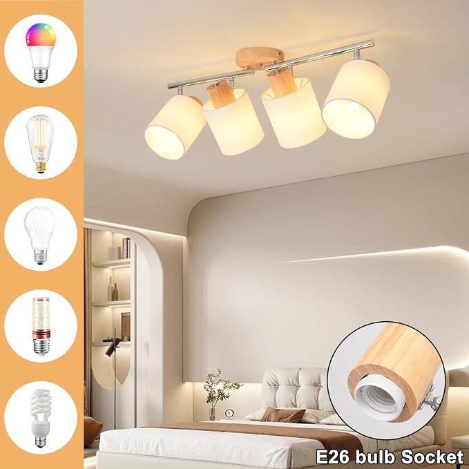 4-Light Track Lighting Kit Wooden Ceiling Spotlight Fabric Shades Rotatable | Rotatable Heads, E26 Socket, Modern LED Track Light Fixture Design, Ceiling & Wall Mount, Kitchen & Living Room Use, No Bulb