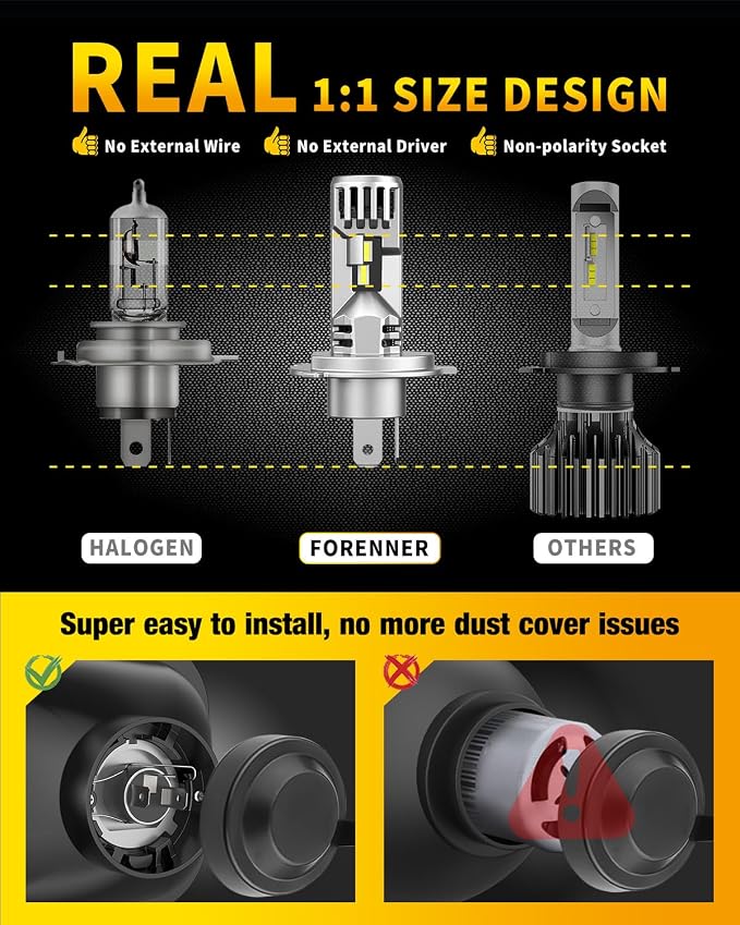 H4 Light Bulb, 70000LM 1000% Super Brighter, Real 1:1 Size, 9003/HB2 for High Low Beam, 6500K Cool White, 90000Hrs Long Service Life with Cooling Fan, Plug and Play, Pack of 2