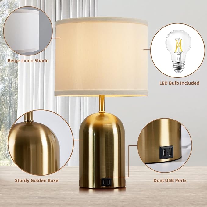 Touch Control Table Lamps Set of 2, Gold Bedside Table Lamps for Bedroom Living Room Office, Modern Dimmable Desk Lamp for Nightstand with 2 USB Charging Ports, 2 Bulbs Included