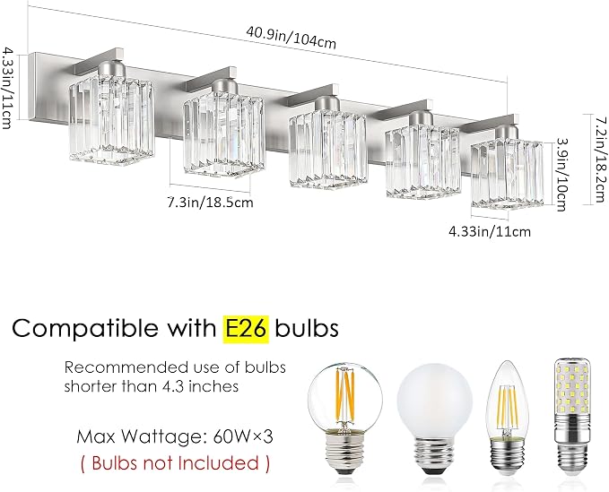 Aipsun Brushed Nickel Bathroom Lighting Fixtures 5 Light Vanity Light Crystal Modern Bathroom Vanity Light (Exclude Bulb)