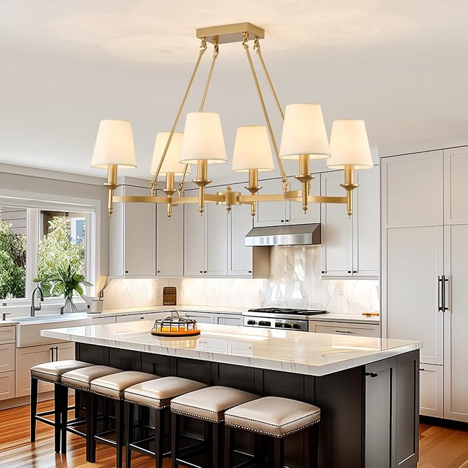 33.5" Gold Dining Room Chandelier with White Linen Fabric Shades 6-Light Rustic Industrial Ceiling Light Fixture Large Farmhouse Pendant Lights for Kitchen Island Living Room