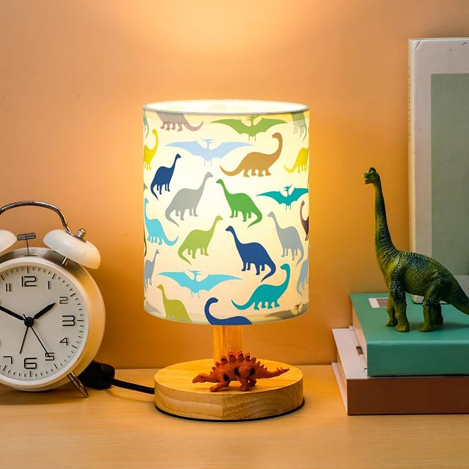 Dinosaur Kids Table Lamp for Bedroom Kids Bedside Lamp with Linen Wooden Nightstand Cartoon Nursery Lampshade for Girls Boys Living Room