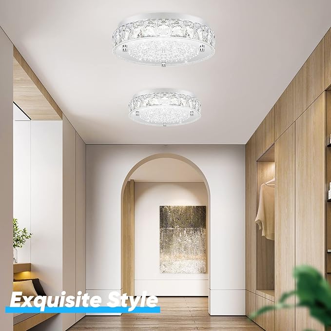 Crystal Chandeliers Flush Mount LED Ceiling Light Fixture, 5000K Daylight White Super Bright 1980LM 11-Inch Dimmable Farmhouse Kitchen Light Modern Ceiling Lamp for Bedroom Bathroom Nursery
