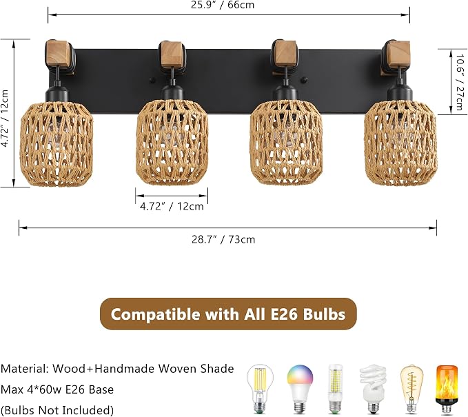 LmnLvn 4-Light Bathroom Vanity Light, Boho Farmhouse Rattan Handwoven Shade | Wood & Metal Frame, Rattan Vanity Light Design, Mounted Over Mirror, Easy To Install for Restroom, Bedroom & Hallway