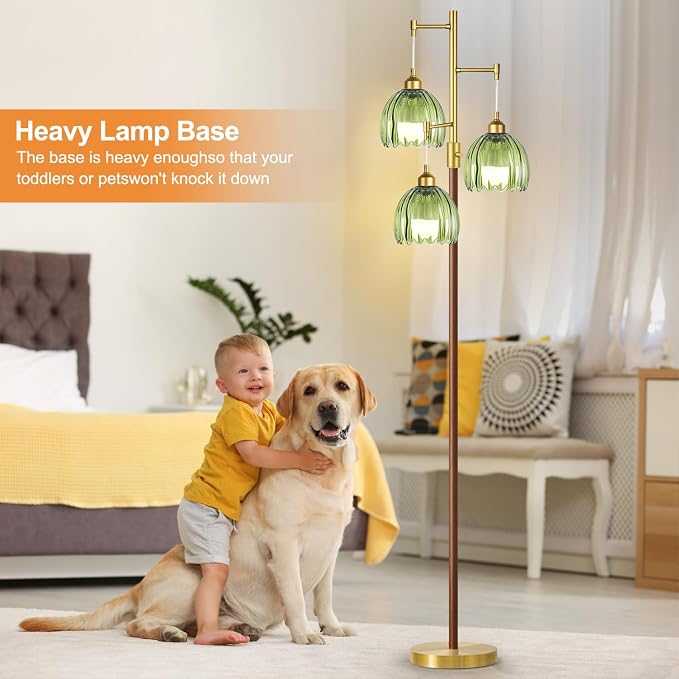 Wood Floor Lamps for Living Room Bedroom-3 Light Gold Floor Lamp with Glass Lampshape, Flower Tall Lamp Glass Mid Century Standing Lamp Vintage Tree Floor Lamp for Bedroom Corner