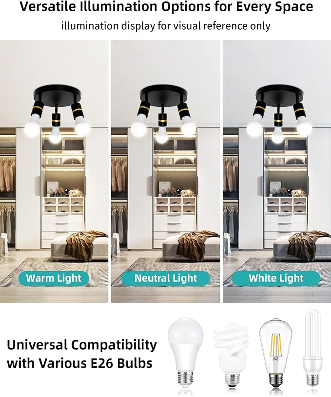 HiBay 3-Light Track Lighting, Rotatable Ceiling Spotlight, Black Gold, E26 | 3 heads for entryway, closet or hall, adjustable black-gold design aims light where needed, E26 base for your own bulbs