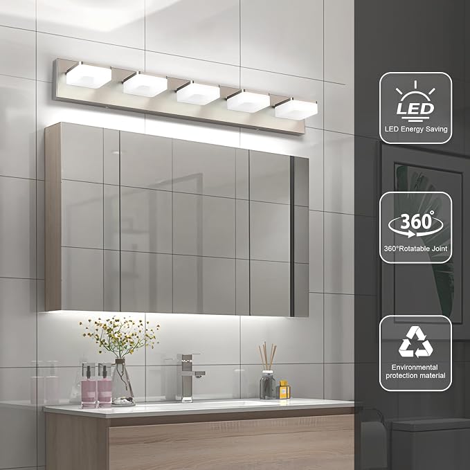 Brushed Nickel Vanity Lights for Bathroom 5 Light Vanity Lighting Fixtures for Mirror 32" Adjustable 5500K Modern LED Vanity Light Over Mirror, Bath Wall Lighting Fixtures