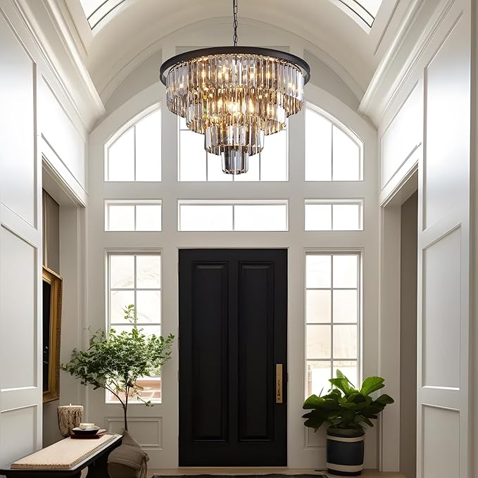 24'' Smoke Gray Crystal Chandelier Black Modern Luxury Light Fixture for Dining Room 4-Tier Round Hanging Pendant Ceiling Lighting for Entryway Foyer Living Room Bed Room Adjustable Height