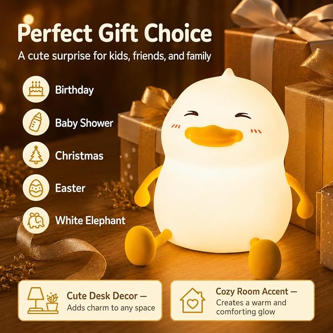 Fat Duck Night Light, LED Squishy Novelty Animal Night Lamp, Food Grade Silicone 3 Level Dimmable Nursery Nightlight for Desk Decor, Funny Gifts Stuff for Boys Girls Baby, White Elephant Gifts