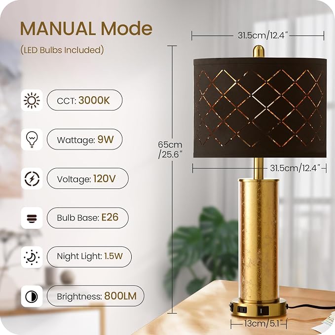 25.6" Black Table Lamps Set of 2, Tall Bedside Lamps with Nightlight, Modern Nightstand Lamp with USB Ports, Desk Lamp for Bedroom, Living Room, Office, LED Bulbs Included B01TL05