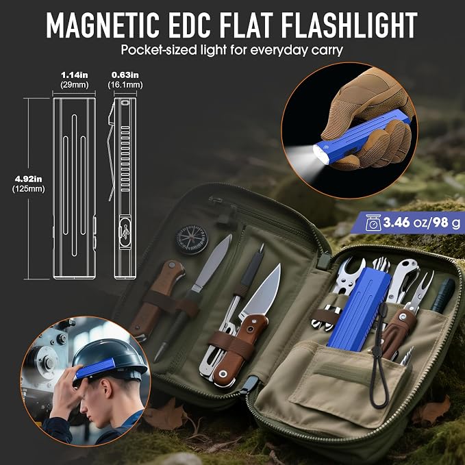 2pack Rechargeable EDC Flashlight - Emergency One Click Strobe Mode, 1600 High Lumens Portable Pocket light Mini Flashlight , Magnetic Small EDC Slim Flat Flashlight for Working Camping Repairing Blue