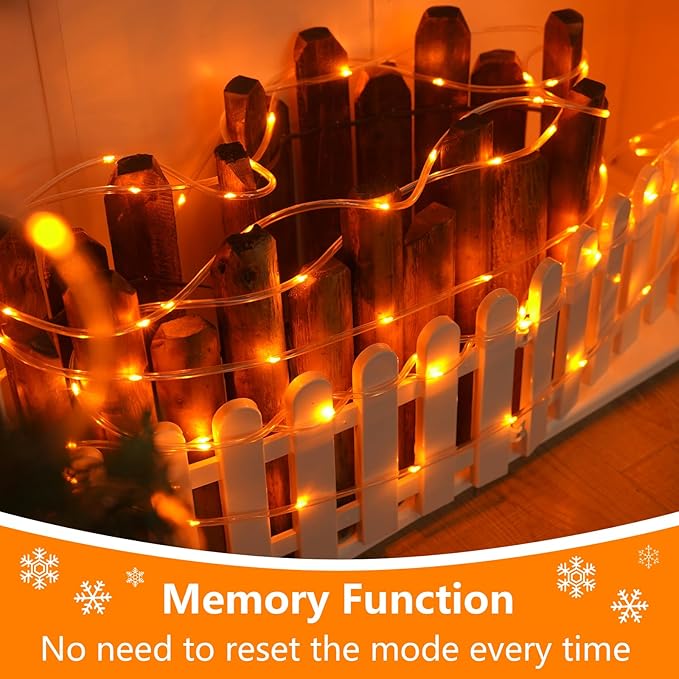 YEGUO Solar Rope Light Outdoor Waterproof, 66ft 200 LED Orange String Lights, 8 Modes Tube Christmas Lights in Clear Thin Tube