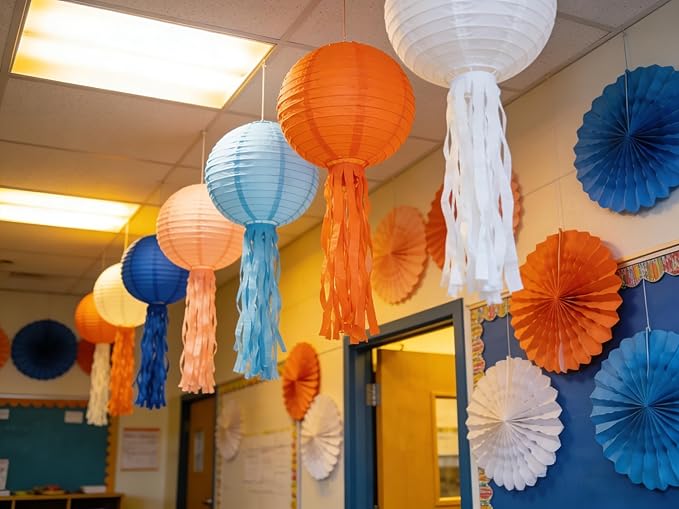 Blue & Orange Paper Lanterns Set (12 Pcs) - 6/8/10 Inch Hanging Lanterns for Cartoon Parties, Sports Events, Birthdays & Home Decor