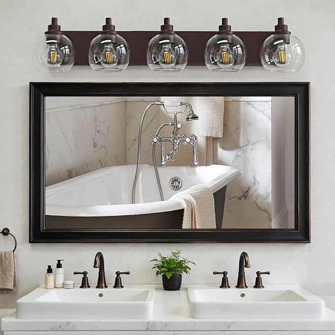 IZORRO Bathroom Light Fixtures, 5 Light Oil Rubbed Bronze Vanity Light, Modern Wall Sconces with Globe Clear Glass Shade, Vanity Lighting Fixtures Over Mirror,E26 Bulb Socket