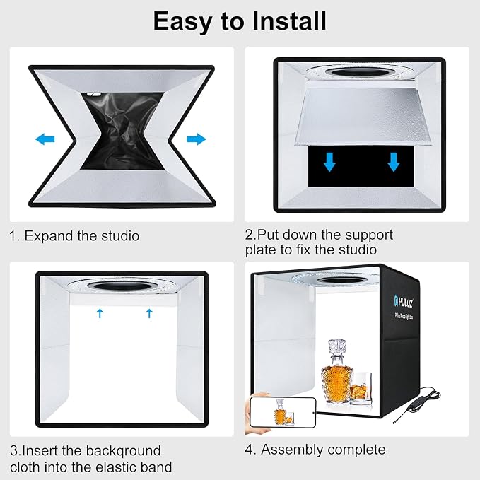 PULUZ 16"/40cm Foldable Portable Photo Studio Light Box, Adjustable Brightness Light Box Photography Lighting Shooting Tent Kit, with LED Lights and 12 Colors Backdrop