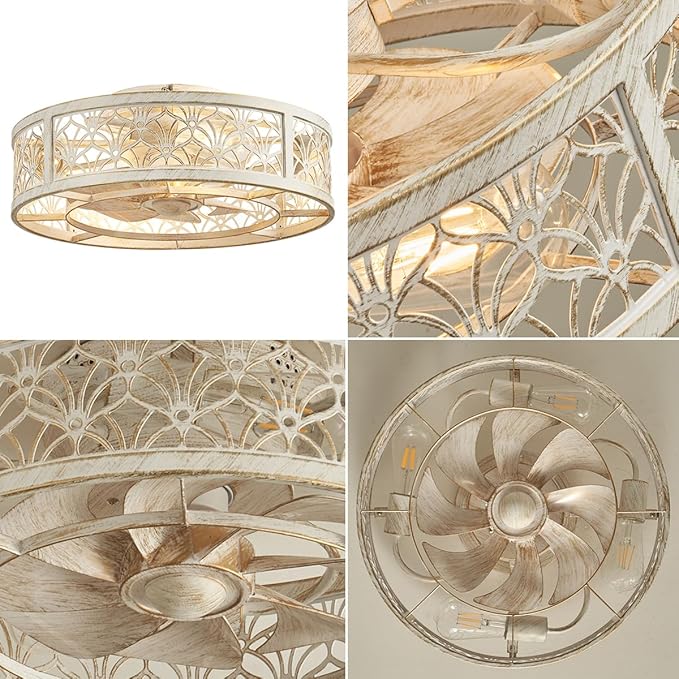 SHLUCE 18" Caged Ceiling Fan with Light, Small Flush Mount Fandelier Ceiling Fans with Lights and Remote, Rustic Low Profile Bladeless Ceiling Fan with Light for Bedroom, Kitchen, White Gold - ETL