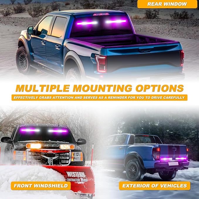 Emergency Lights Interior Windshield Strobe Volunteer Firefighter Lights Warning Hazard Safety 2x17.7 Front/Rear Windshield Light Bar for Vehicles Trucks, Purple/White