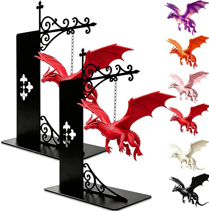 Magical Floating Dragon Bookshelf Lamp, Warm LED Dragon Night Light, Fantasy Gothic Bookend Decor, Reading Nook Ornament, Gift for Book Lovers & Fantasy Fans，red+red
