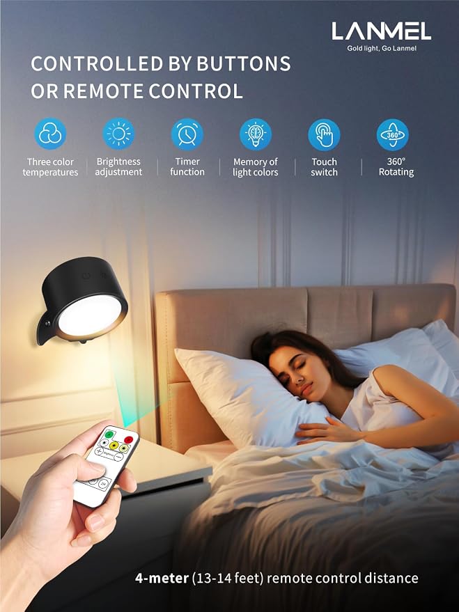 LANMEL LED Wall Mounted Lights,360° Rotating Rechargeable Wall Sconce Lamp | Black 2pack,3CCT,Dimmable,with Remote & Touch Control,USB Wireless Wall Lamp, Suitable for Study,Bedroom,and Bedside Reading