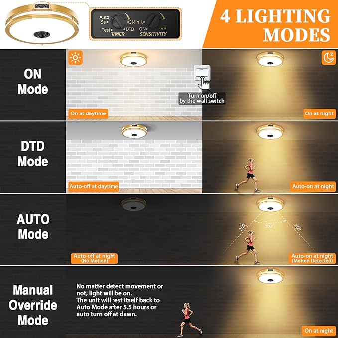 2 Pack 24W LED Motion Sensor Outdoor Ceiling Light, 12IN 2700K/3000K/3500K/4000K/5000K Adjustable Ceiling Lights, Dusk to Dawn Flush Mount LED Ceiling Light Fixture for Porch, Garage, Gold