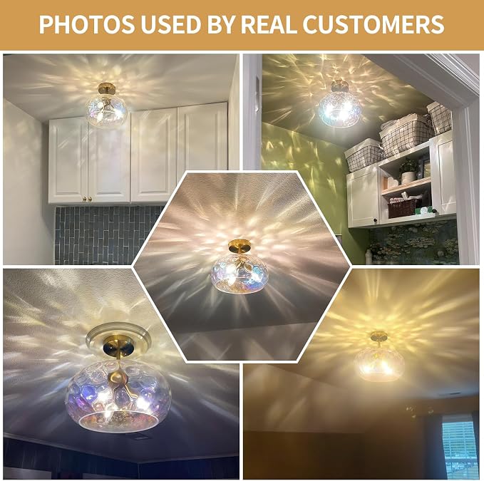 Vintage Semi Flush Mount Ceiling Light ,12″ Art Deco Rainbow Hammered Glass | Gold,Mid Century,Whimsical,MCM,Unique Cute Retro Light Fixtures for Girls Bedroom,Entryway Laundry Room Kitchen Closet Foyer