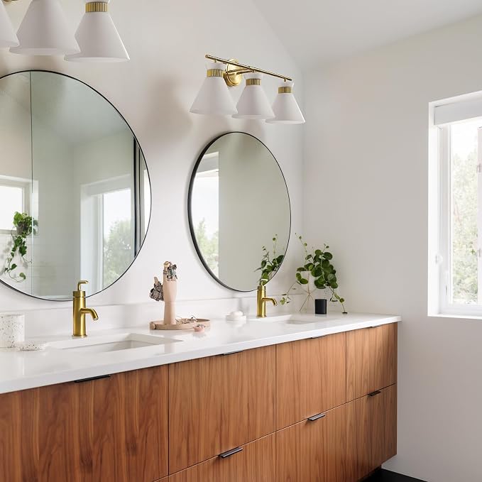 WOSHITU Bathroom Vanity Light Fixtures: 3-Lights Mid Century Modern Vanity Lights for Bathroom Over Mirror, Brushed Gold Wall Sconce Lighting with Frosted Milky Glass Shade for Bath Living Room
