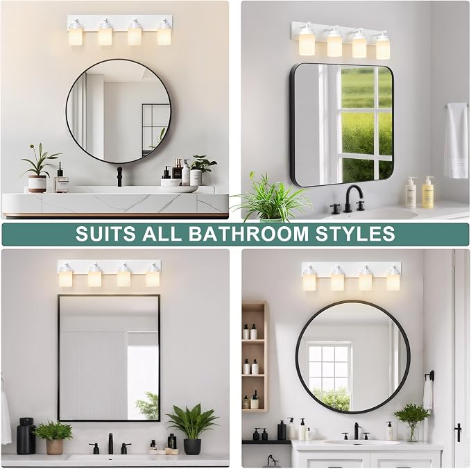 IZORRO Bathroom Vanity Light Fixture, 4-Light 30 Inch White Bathroom Light Fixtures Over Mirror, with White Glass Shade, Modern Farmhouse Vanity Lights, Rustic Restroom Lighting Fixtures