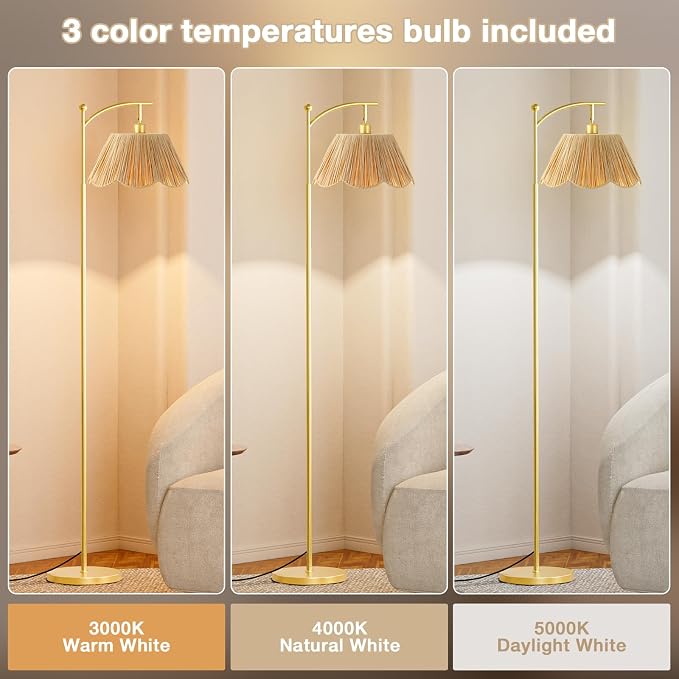 60" Floor Lamps for Living Room with 3 Color Temperatures, Gold Floor Lamp with Rattan Shade, Modern Tall Lamps for Bedroom Office, 9W LED Bulb Included