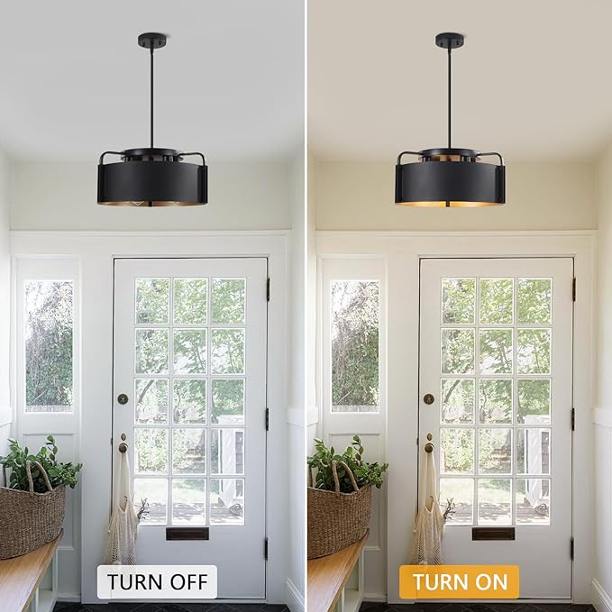 Chandeliers for Dining Room, Matte Black Industrial Drum Chandeliers 18" Large 4-Light Farmhouse Chandelier for Foyer Entryway Kitchen Hallway Bedroom, E26 Base(Not Included Bulb)