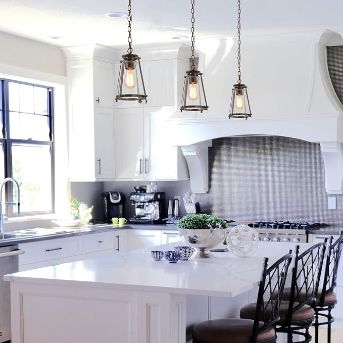 KSANA Bronze Pendant Lighting for Kitchen Island, Rustic Industrial Pendant Light with Seeded Glass Shade, 7.5" W