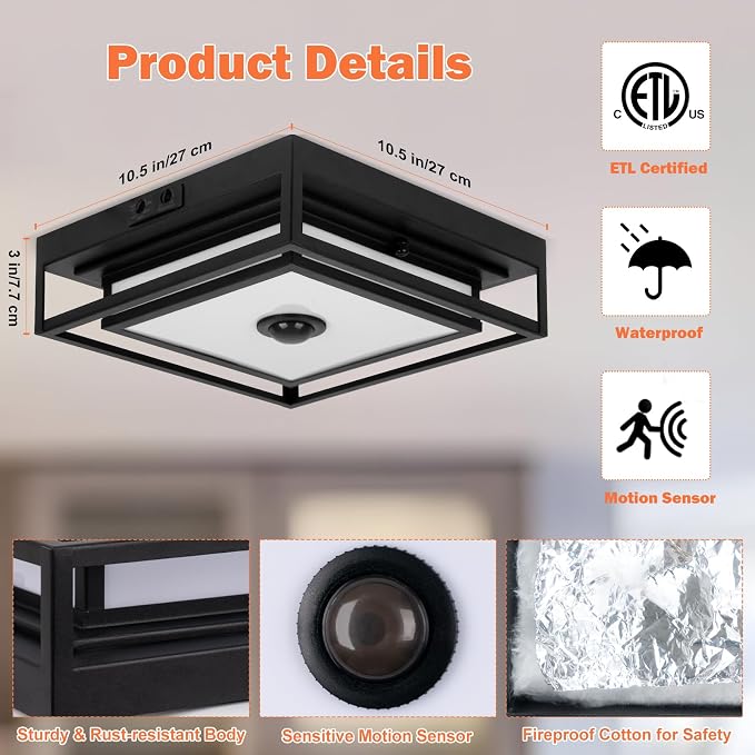 LED Motion Sensor Outdoor Ceiling Light Square Flush Mount Lighting 2 Pack | 10.5", Modern Outdoor Ceiling Lights for Porch, Adjustable Color, Exterior Waterproof Ceiling Light Dusk till Dawn