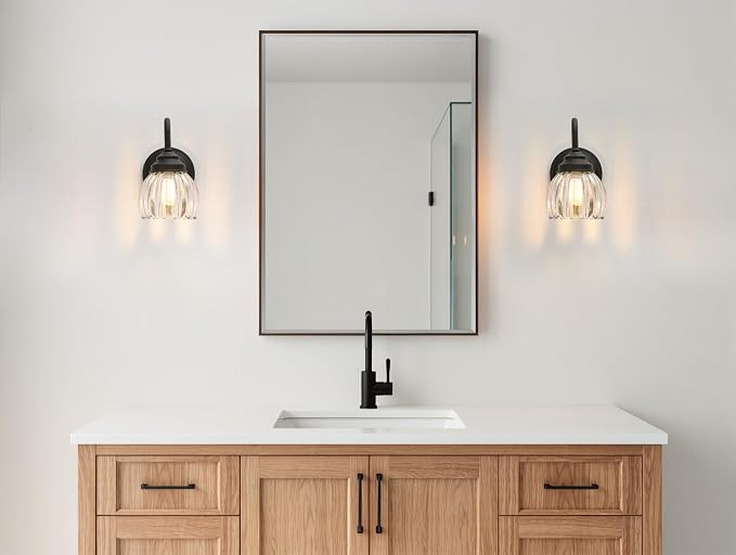 Phansthy Vintage Brass Boho Wall Sconce, Hardwired Wall Light with Tulip Glass Lampshade, Brass Vanity Lamp Modern Wall Lighting Fixtures for Bedroom, Living Room, Hallway (Black + Clear Shade)