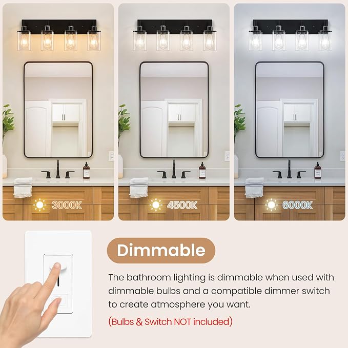 4-Light Bathroom Light Fixtures, Black Bathroom Lighting Fixtures Over Mirror with Clear Glass Square Shade, Modern Vanity Lights for Bathroom, Living Room, Hallway, Cabinet