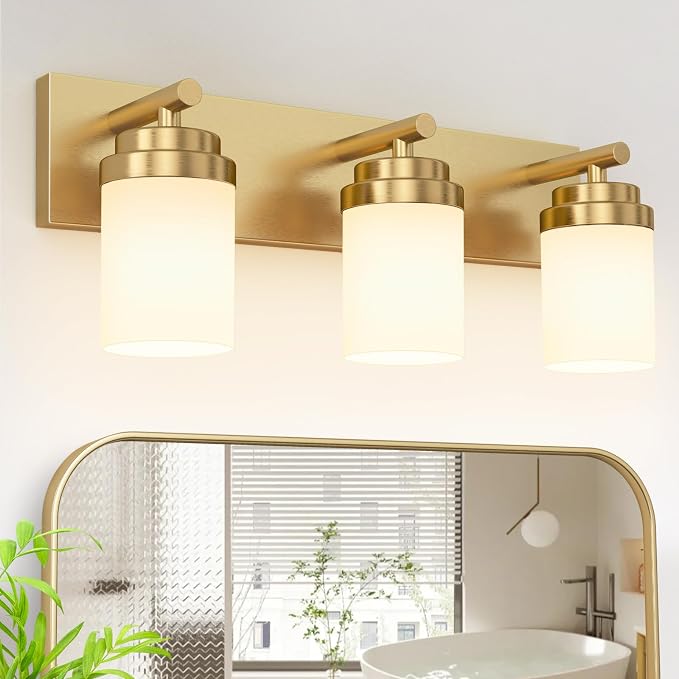 IZORRO Bathroom Vanity Light Fixture, 3-Light 22 Inch Gold Bathroom Light Fixtures Over Mirror, with White Glass Shade, Modern Farmhouse Vanity Lights, Rustic Restroom Lighting Fixtures