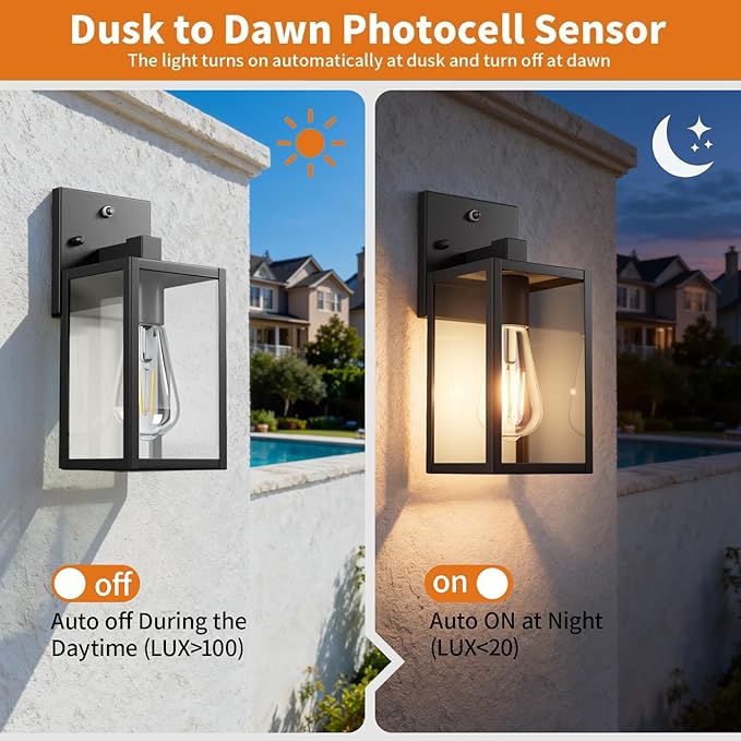 Dusk to Dawn Outdoor Porch Lighting Fixtures Wall Mount, Sensor Exterior Wall Light for House, Ouside Lantern Lamp, Waterproof Wall Sconce Lights, Black Metal Coach Light for Garage Entryway
