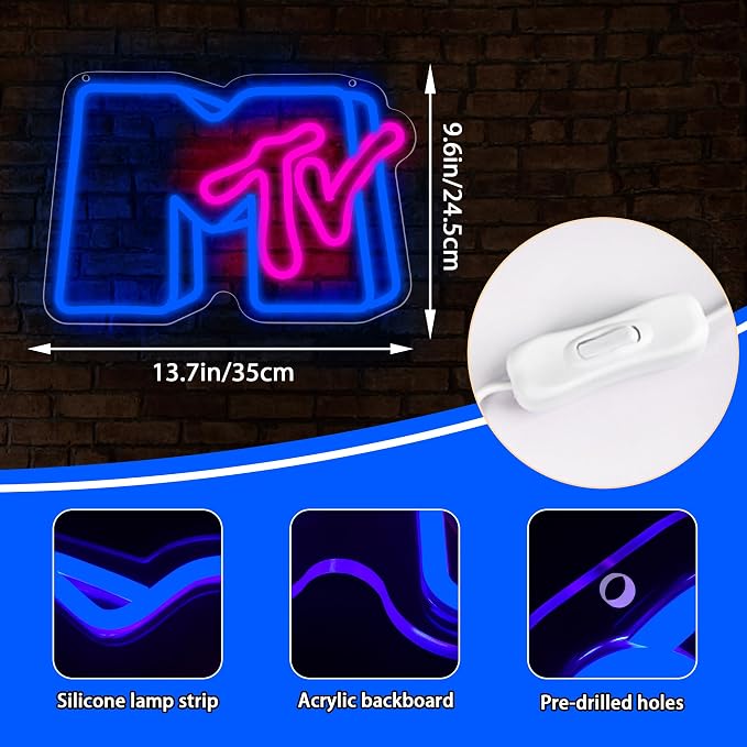 Music Neon Sign for Wall Decor Music LED Light for Man Cave | Dimmable music neon light, bedroom, record studio bar nightclub party concert decor, birthday gifts, size 13.7*9.6 in