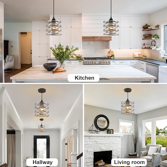 Pendant Lights Kitchen Island, Kitchen Hanging Light Fixtures Wood Grain Metal Lighting for Dining Room Bedroom Bar Office Entryway Hallway, Industrial Silver, 1 Pack