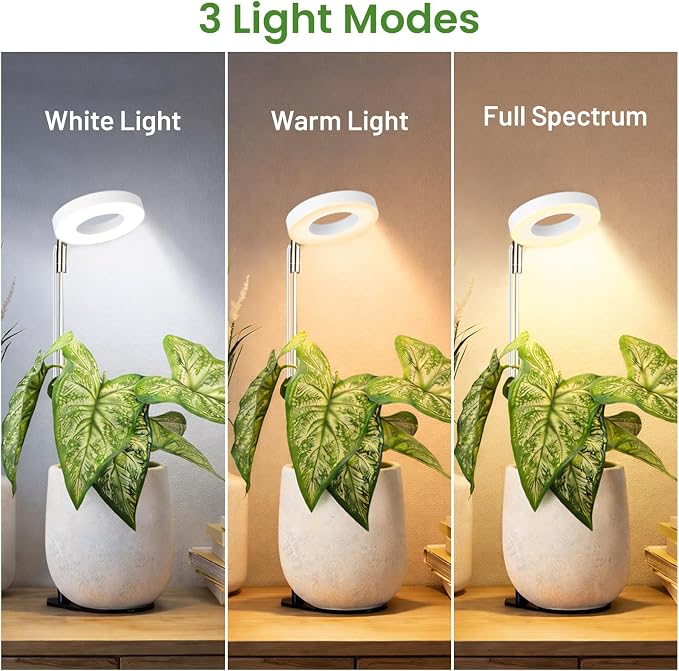 LBW Grow Lights for Indoor Plants, Full Spectrum Halo Grow Light with Base | 48 LED Plant Light for Small Plants, Base/Soil Stake, 7.8-26" Adjustable, 6/8/12/16H Timer, 3 Color Mode, 5 Brightness, White