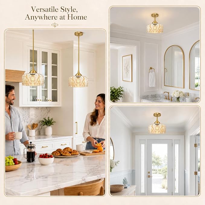 Daunton Gold Farmhouse Hammered Glass Kitchen Pendant Lighting Over Island | Height adjustable hanging light fixture kitchen, 90-degree swivel, 2-in-1 ceiling light and pendant light, E26 bulb base