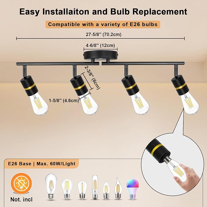 HiBay 4-Light Track Lighting, Rotatable Ceiling Spotlight, Black Gold, E26 | 4 heads for kitchen or dining room, adjustable black-gold design aims light where needed, E26 base for your own bulbs