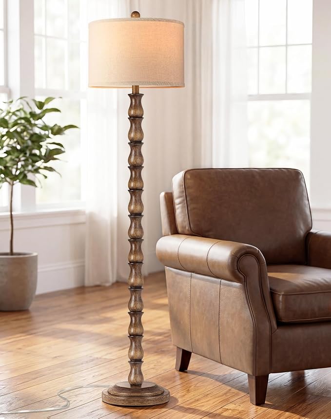 63.5" Rustic Floor Lamp for Living Room, Farmhouse Floor Lamp with Rotary Switch & Linen Shade, Vintage Resin Tall Standing Lamp for Bedroom Corner Office Home Decor, Dark Brown (LED Bulb Included)