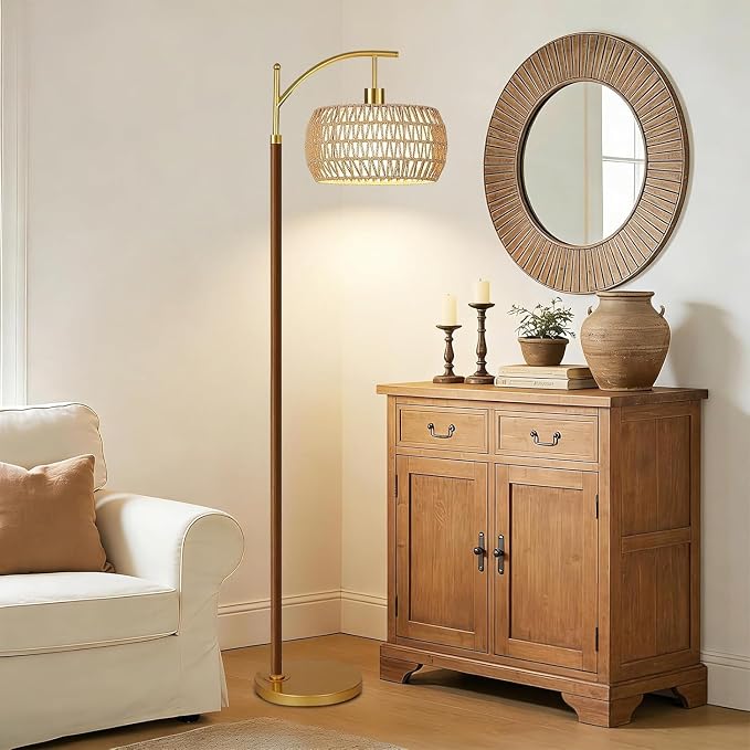 ZECOXOL Wood Floor Lamps for Living Room Arc Boho Floor Lamp with Remote Control & 3 Color Temperatures,Vintage Wicker Rattan Standing Lamp Dimmable Tall Floor Lamp for Bedroom Living Room Corner