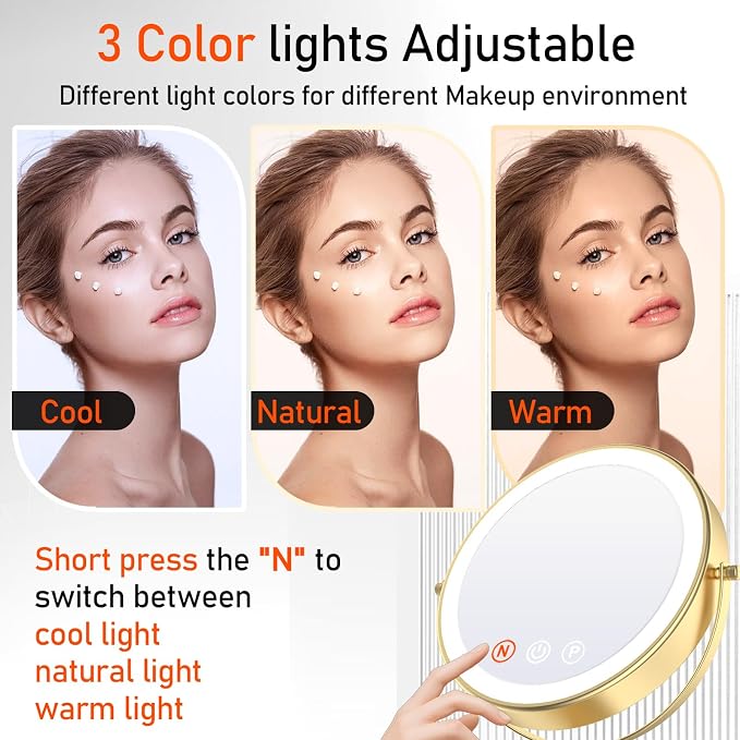 Vanity Mirror with Lights, 9'' Lighted Makeup Mirror, 1X/20X Double Sided Magnifying Mirror, 5000mAh Rechargeable, 3 Color Dimmable LED, 360° Rotation Desk Mirror for Makeup & Skincare, Gold
