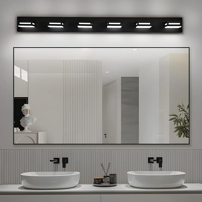 LED Modern Bathroom Light Fixtures, 6-Light 48-Inch Matte Black Vanity Lights for Bathroom Lighting Fixtures Over Mirror, 6000K Cool White 350° Rotatable Wall Lamp