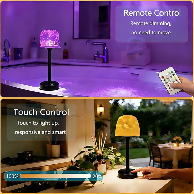 Waterproof Bathroom Lamp with 16 Color Ocean Wave Projector, Rechargeable Shower Light with Touch & Remote Control, Cordless Light for Inside Shower/Bathtub (Black)