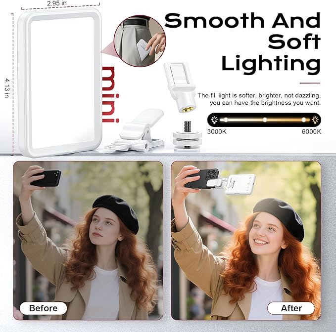 Rechargeable Soft Selfie Light for Phone, Camera, Laptop, 4-14H Battery Portable LED Light for Pictures, Phone Light Clip for Selfie, Vlog, TikTok, Makeup, Video Conference White Pro